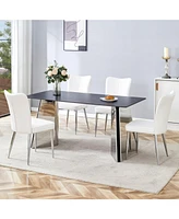 Black Marble-Patterned Table with Butterfly Legs & 4 Striped Pu Chairs