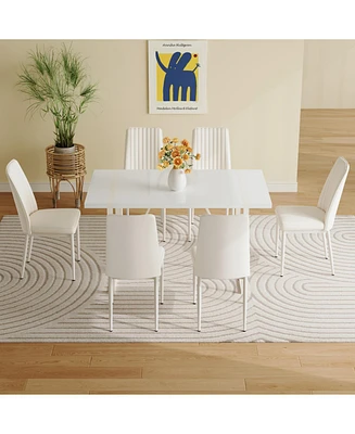 55" Cream Mdf Dining Set w/ 6 Armless Striped Chairs