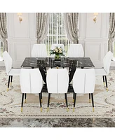 Black Marble Pattern Tempered Glass Dining Set - 71"x35.4" with 8 White Pu Chairs With a Widened Backrest Design