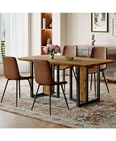 Wood-Textured Mdf Dining Set with 4 Brown Suede Chairs
