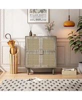 4-Doors Rattan Mesh Storage Cabinet, Sideboard with Eight Storage Spaces, for Entryway, Living Room, Hallway (Grey with Woodgrain)