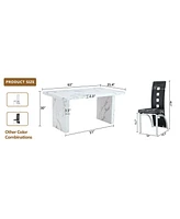White Marble Dining Set - 4 Pu Chairs, Silver Legs