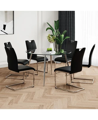 Modern Round Glass Dining Set (Table & 6 Black Chairs)