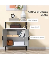 Storage Cabinet with Open Shelf and Double Door Cupboard, Accent Cabinet with Herringbone Panel and Steel Frame, Gray