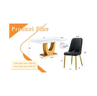 Modern Glass Dining Table (71"x35.4") with Gold Legs and 8 Black Pu Chairs