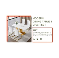 Tempered Glass Dining Set with White Pu Dining Chairs
