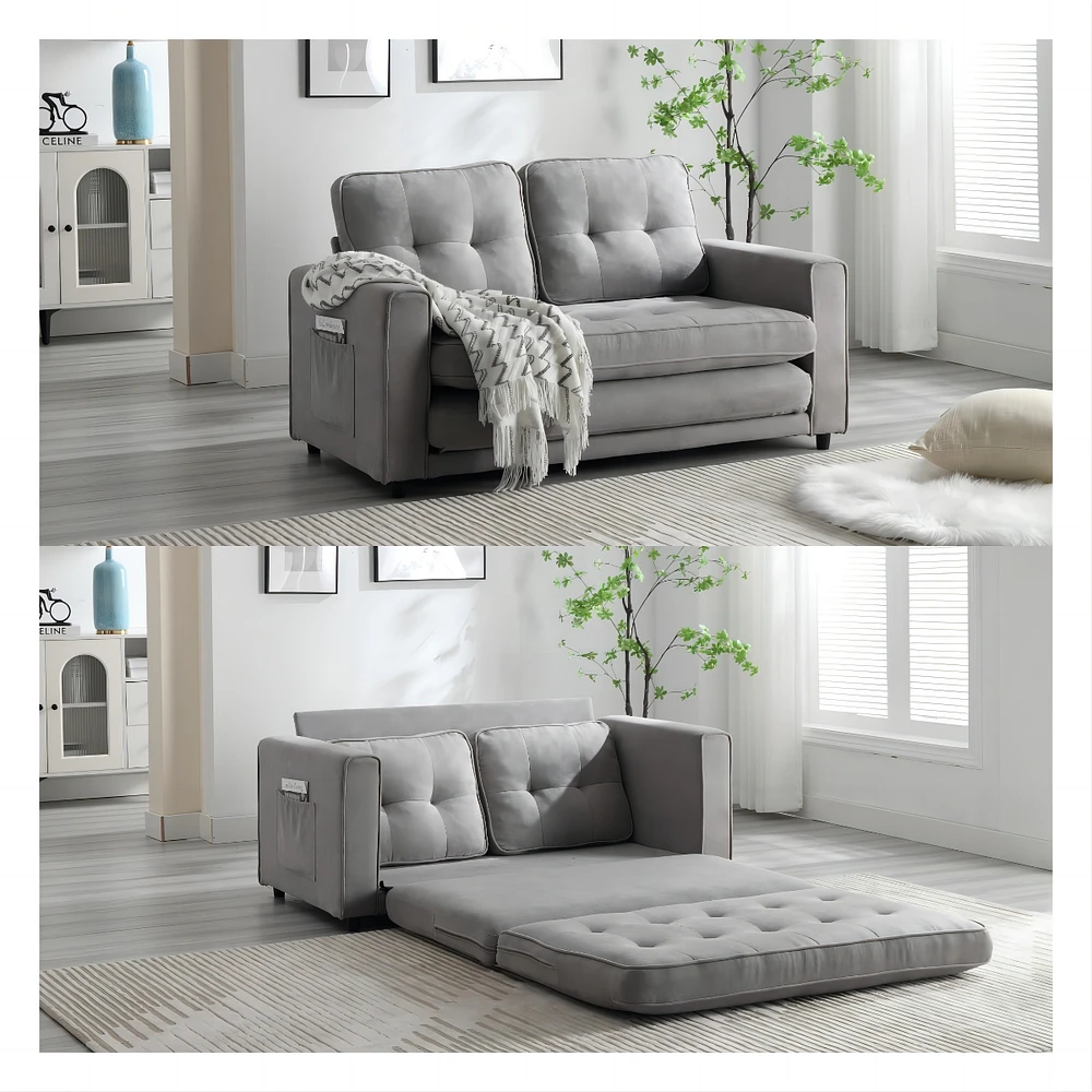 Convertible Sofa Bed Set in Gray & Beige Linen Fabric