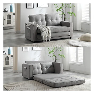 Convertible Sofa Bed Set in Gray & Beige Linen Fabric