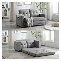 Convertible Sofa Bed Set in Gray & Beige Linen Fabric