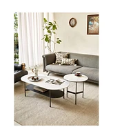 Coffee table ceramic Coffee Table, Mdf painting Double Layer Coffee Table for Living Room, white ceramic and Coffee Brown Bottom Shelf