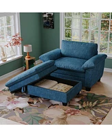 51" Blue Chenille Chaise Lounge with Ottoman & Storage