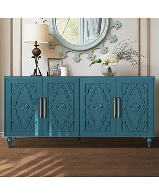 Navy Blue Storage Cabinet with Carved Doors & Adjustable Shelves