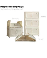 Cream White 19" 4-Tier Folding Storage Cabinet with Magnetic Door & Wheels