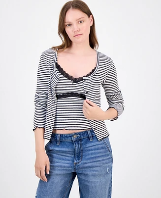 Just Polly Juniors' Cotton Rib-Knit Striped Tank & Cardigan Set