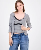 Just Polly Juniors' Cotton Rib-Knit Striped Tank & Cardigan Set