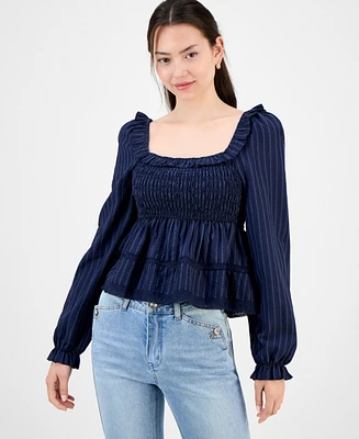 Topson Downs Juniors' Smocked Ruffle-Trim Babydoll Top