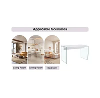 White Coffee Table & 4 Pu Chairs - Glass Legs, Silver Accents