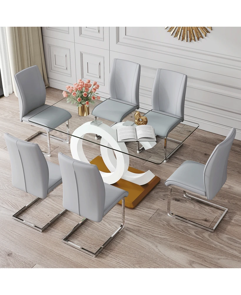 Luxury Glass Dining Set: 63"x35.4", 6 Gray Pu Chairs, Silver Legs