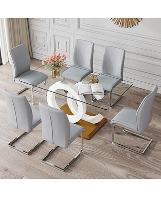 Luxury Glass Dining Set: 63"x35.4", 6 Gray Pu Chairs, Silver Legs
