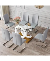 Luxury Glass Dining Set: 63"x35.4", 6 Gray Pu Chairs, Silver Legs