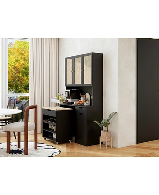 Black Kitchen Pantry Cabinet w/ Rattan Doors & Microwave Stand