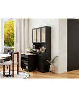 Black Kitchen Pantry Cabinet w/ Rattan Doors & Microwave Stand