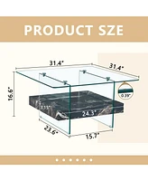 Elegant 31.4" Modern Square Coffee Table: Glass and Marble Pattern