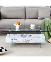 43" Modern Two-Tier Coffee Table: Clear Glass, White Marble Texture