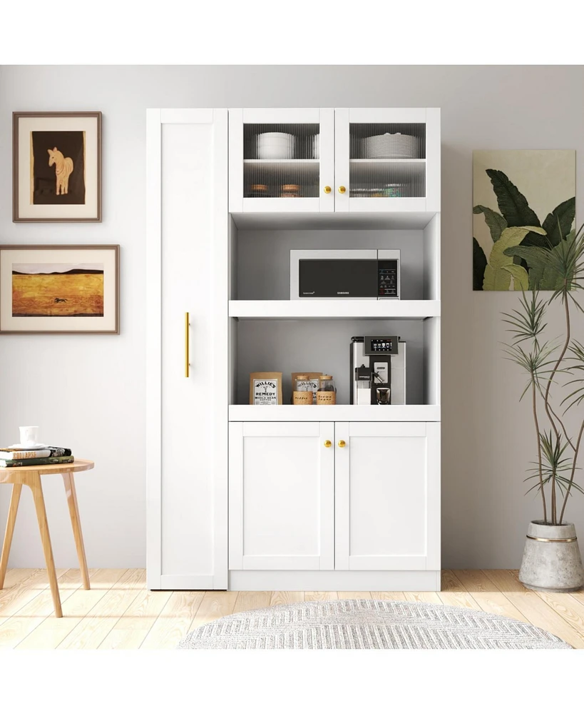 Farmhouse Pantry Cabinet, Pull-Out Shelves, 4 Doors - White