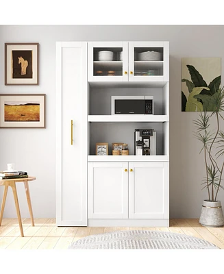 Farmhouse Pantry Cabinet, Pull-Out Shelves, 4 Doors - White