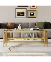 Top and Bottom Double Layer Tempered Glass Coffee Table and Mirror Finished Stainless Steel Frame