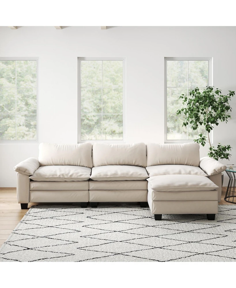 Living Room Furniture Luxury Sectional Sofa Couch with Ottoman Soft Velvet Upholstered Sofa Beige
