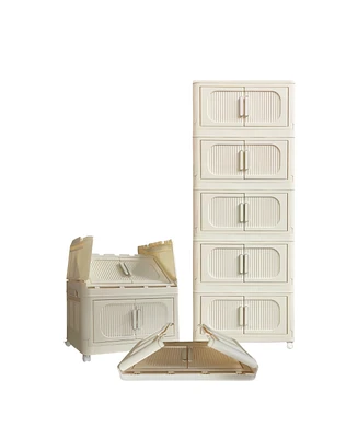 19.69" Cream White Folding Storage Cabinet with Wheels and Magnetic Door