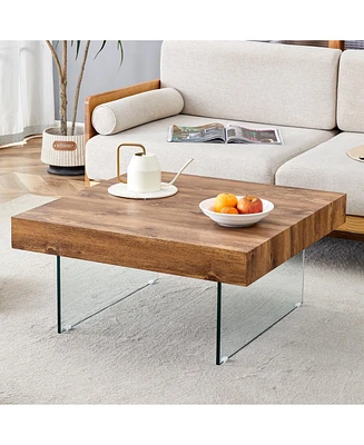 Natural Style Square Mdf Coffee Table - 31.5"x31.5" with Tempered Glass Legs.Density Board Sticker,Reinforced Glass
