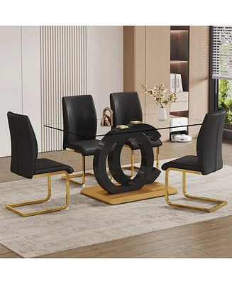 Tempered Glass Dining Set with 4 Pu Chairs - Black and Gold