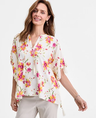 Jm Collection Women's Printed Tassel-Trim Poncho Top, Exclusively at Macy's