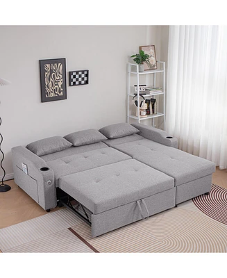 84" Adjustable Sofa Bed with Storage & Usb, Convertible to L-Shape