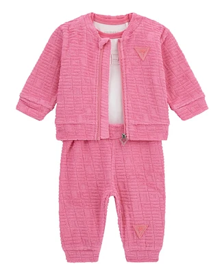 Guess Baby Girls 3-Piece Long Sleeve Bodysuit, Jacquard Zip-Up Sweatshirt, and Pants Set