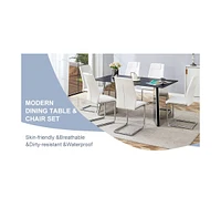 Black Marble Table and 6 White Pu Chairs with Metal Legs
