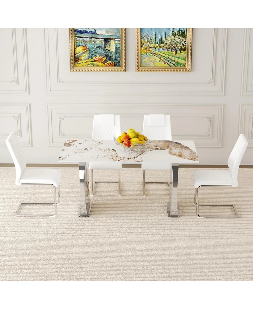Pandora Sintered Stone Dining Set: 63 x 31.4 Inch Table with 4 White Chairs