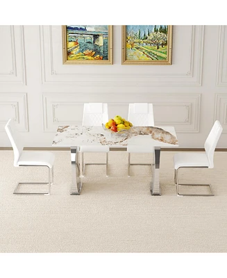 Pandora Sintered Stone Dining Set: 63 x 31.4 Inch Table with 4 White Chairs