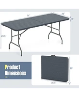 6 Feet Folding Table with Wood Grain Hdpe Tabletop and Safe Lock Mechanism