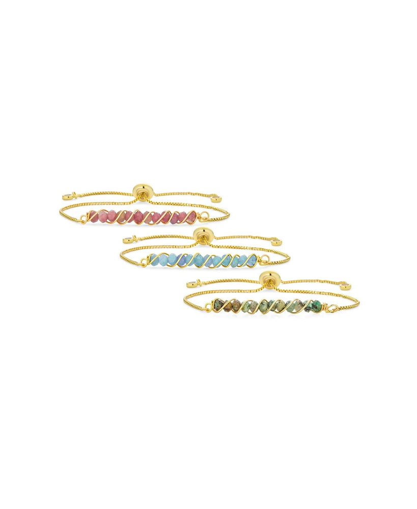 Bling Jewelry Set of 3 Natural Pink Tourmaline, Aquamarine and Turquoise Bolo Bracelet Gold Plated