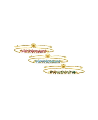 Bling Jewelry Set of 3 Natural Pink Tourmaline, Aquamarine and Turquoise Bolo Bracelet Gold Plated