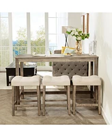 Bar Table Set with 3 Stools & Power Outlet - Brown