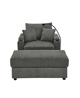 Modern Storage Sofa with Ottoman: Grey Corduroy Sofa with Device Chargers
