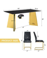 Black Sintered Stone Table & 6 Pu Chairs - Golden Accents