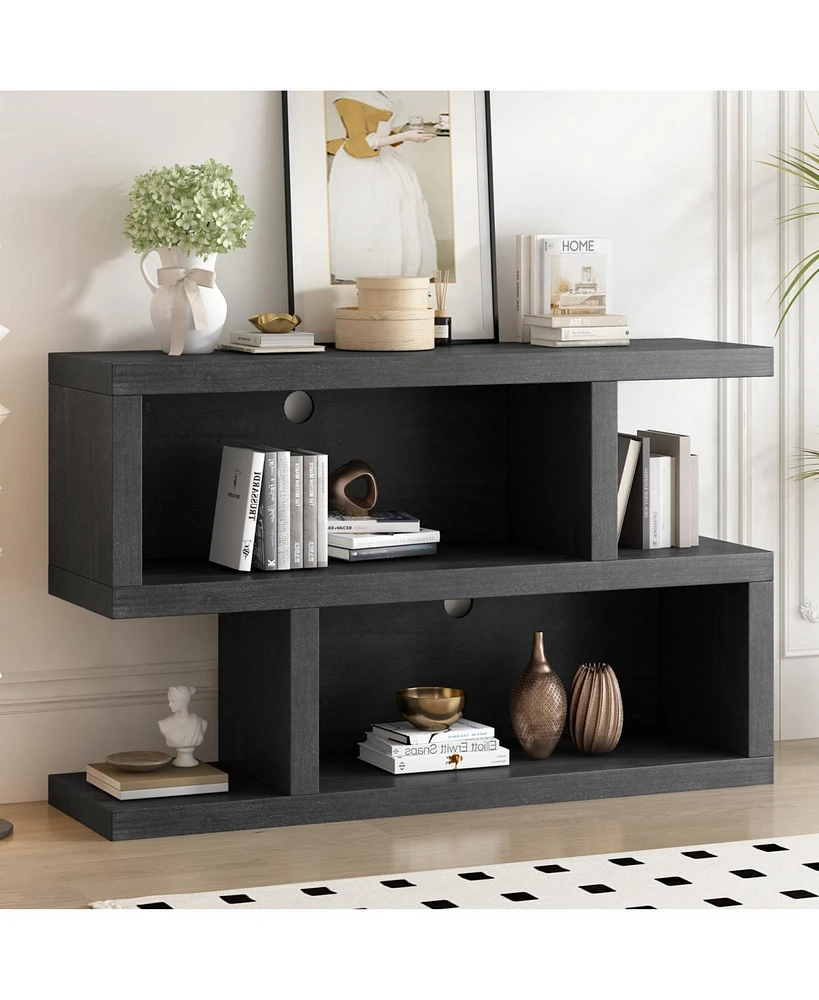 Retro Console Table with Symmetrical 2-Tier Open Shelf for Entryway and Living Room (Black
