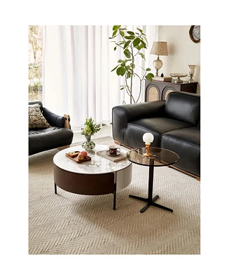 Modern Round White & reall wood color Coffee Table with Drawers and metal legs, Drum Coffee Table with Golden Legs Circular Center Table with ceramic