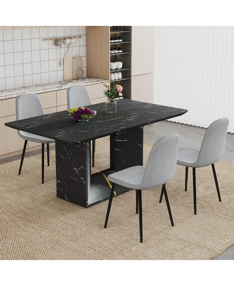 Black Marble Dining Set - 63" Table & 4 Gray Linen Chairs